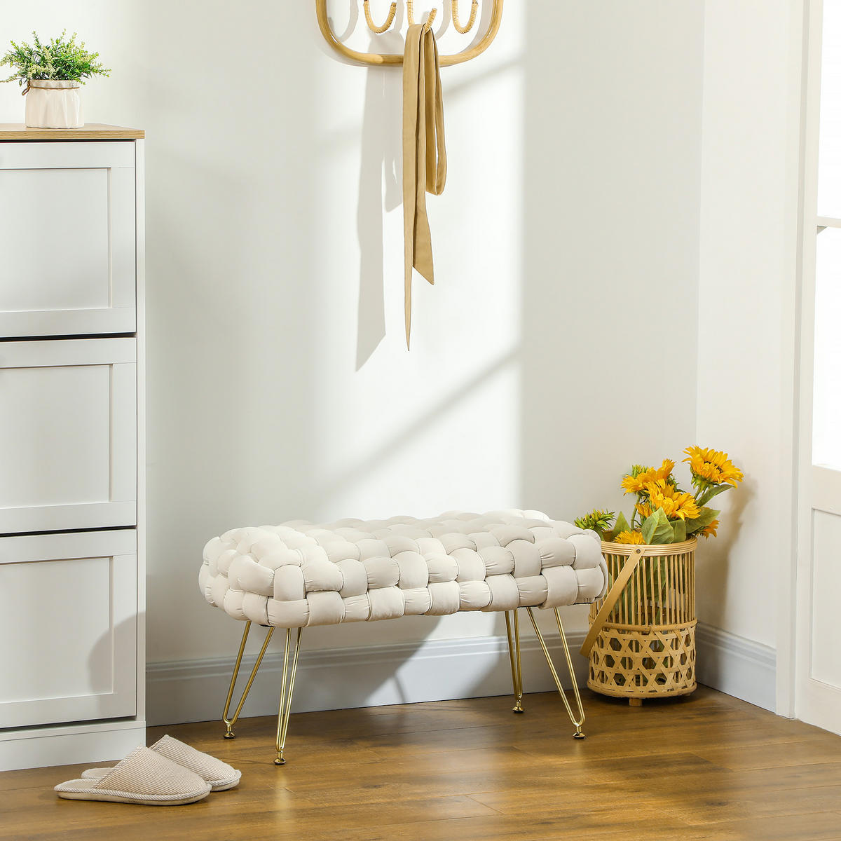 SITZHOCKER mit Samtoptik Cremeweiß 76/38/41,5 cm - Weiß, Textil (76/41.5/38cm) - HOMCOM