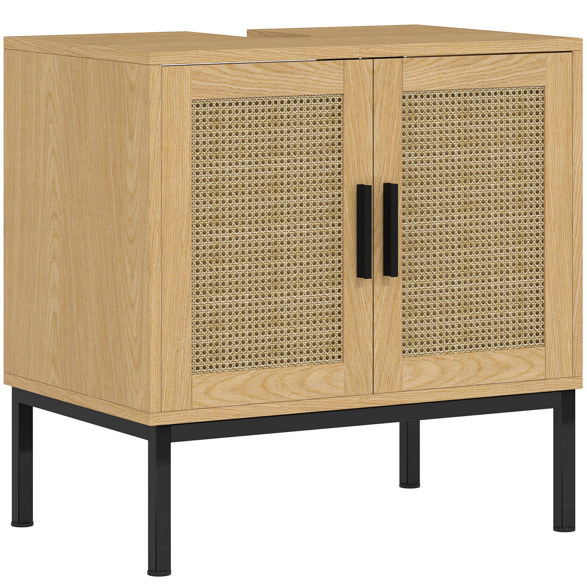 WASCHBECKENUNTERSCHRANK 60x39x60 cm Eiche mit Rattan-Türen & schwarzen Metallbeinen - Eichefarben, Holzwerkstoff (60/60/39cm) - Modfu