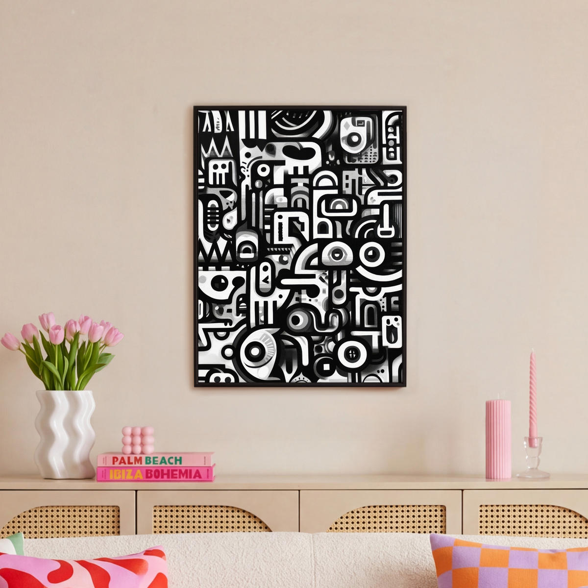 LEINWAND Bilder mit Rahmen - Symbole - Abstrakt - Grafik - Schwarz - 60x80 - Schwarz, Textil (60/80cm) - MuchoWow