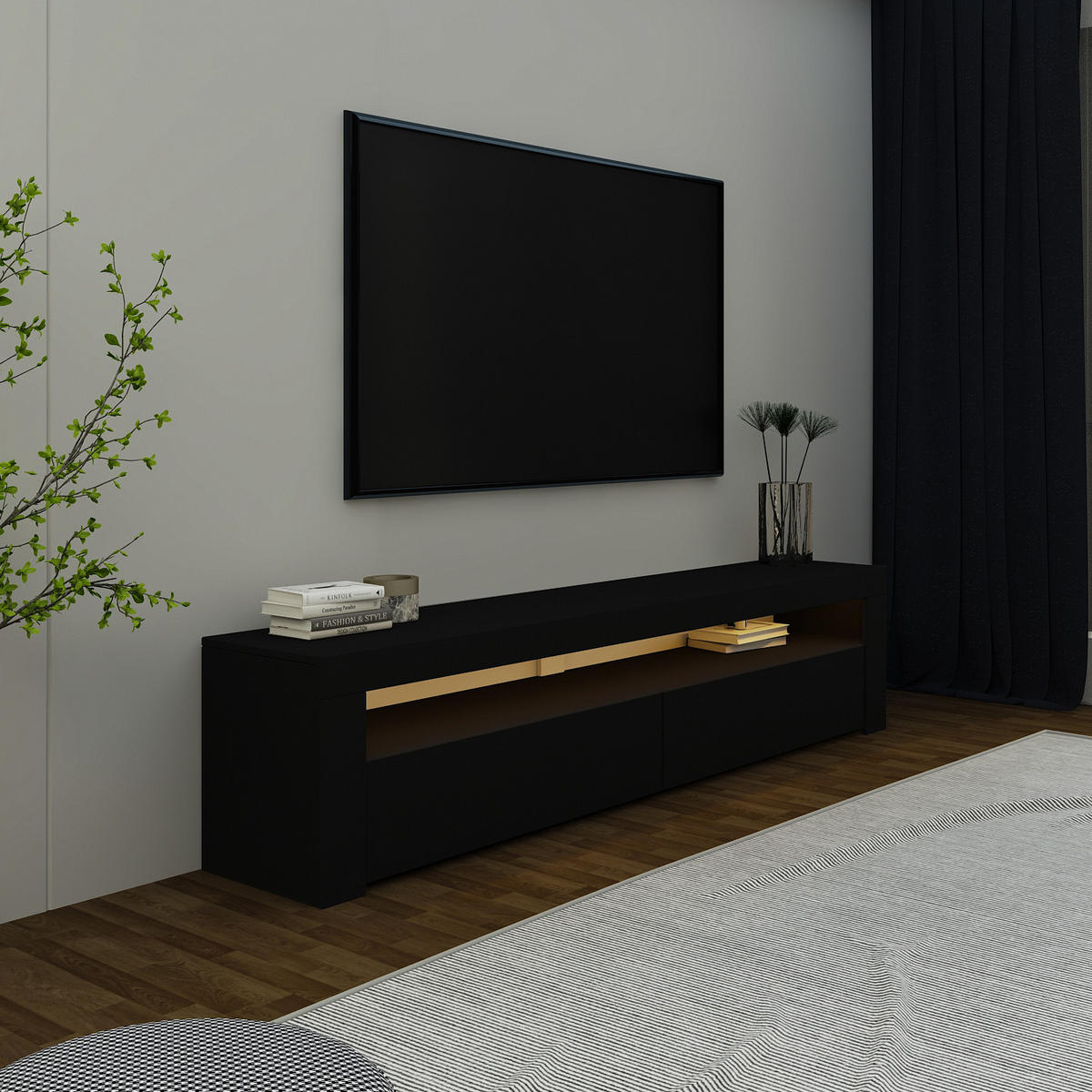 TV Lowboard Bati Schwarz mit LED-Beleuchtung 92406 - Schwarz/Weiß, Holzwerkstoff (150/47/37cm) - moebel17