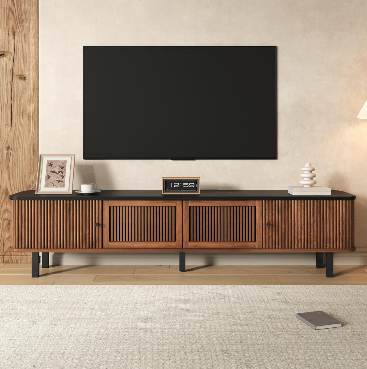 TV skrinka 190/35/45 cm orechová z MDF a drevotriesky s posuvnými dvierkami a mriežkou - hnedá, kompozitné drevo (190/45/35cm) - OKWISH