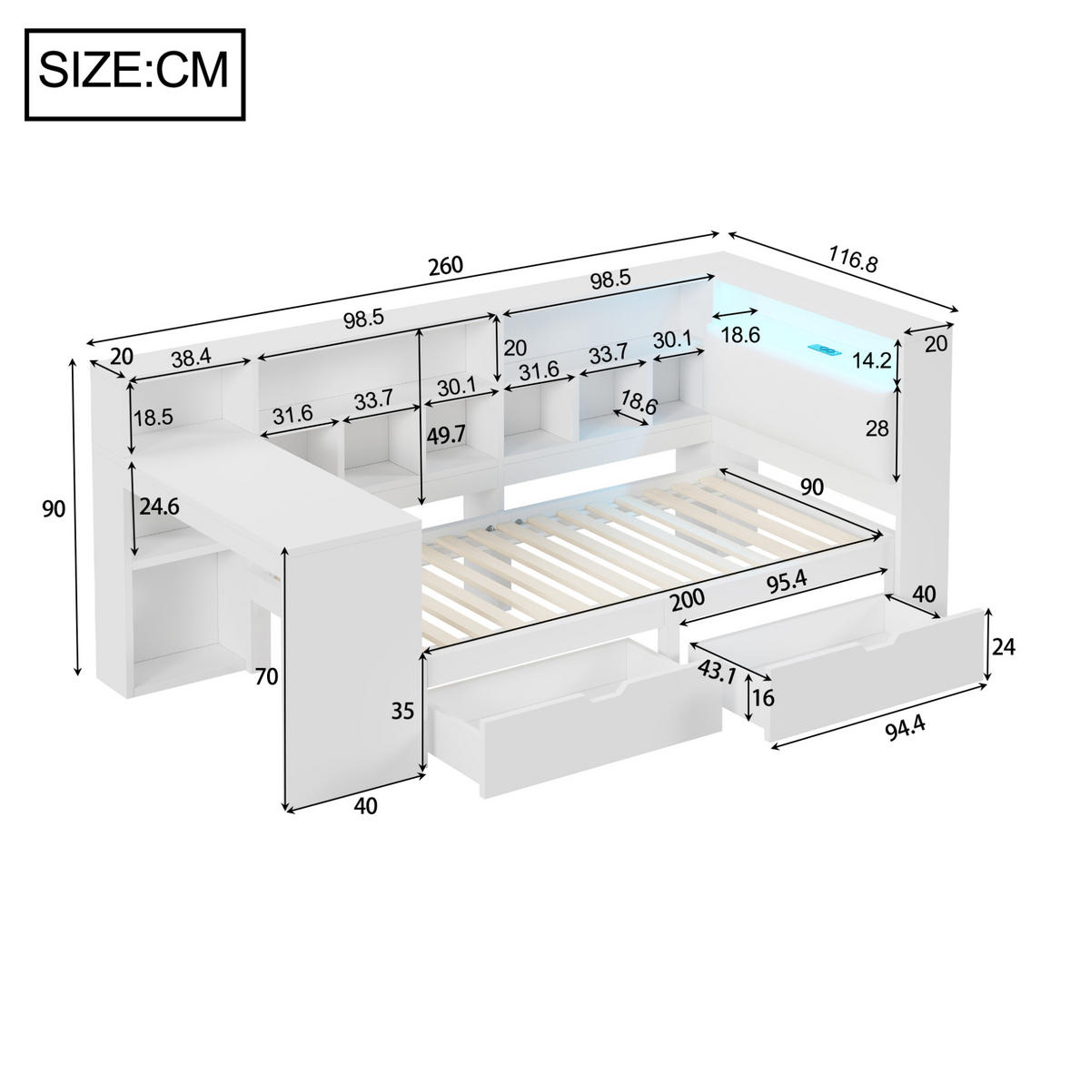 BETT 90/200 cm mit Kopfteil, Schreibtisch, Regal und Schubladen in Weiß - Weiß, Holzwerkstoff (90/200cm) - BEAOK