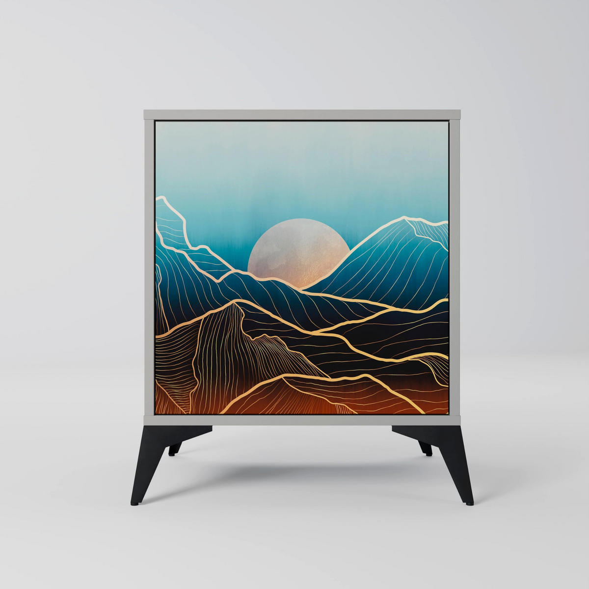 SIDEBOARD LUNAR SECRETS, Grau, 57,5x42x75,5 cm, Goldfarbene Metallfüße - Goldfarben/Multicolor, Holzwerkstoff/Metall (57.5/75.5/42cm) - SpaceRebels