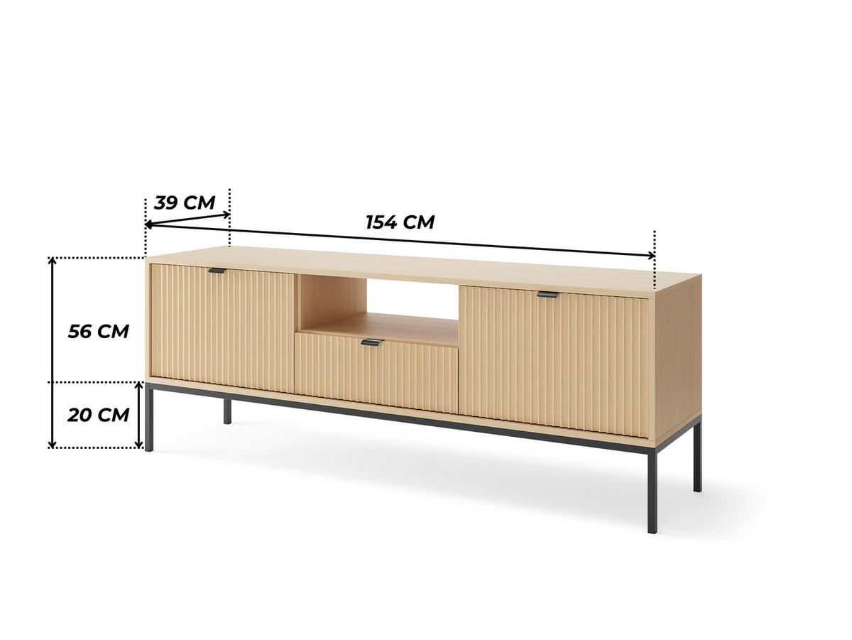 MODERNES Geriffeltes TV-Board KIOTO RTV2D1SZ (Eiche Vicenza, Schwarzes Gestell, Soft-Close Türen) - Eichefarben/Schwarz, Holz/Holzwerkstoff (154/56/39cm) - Ravio