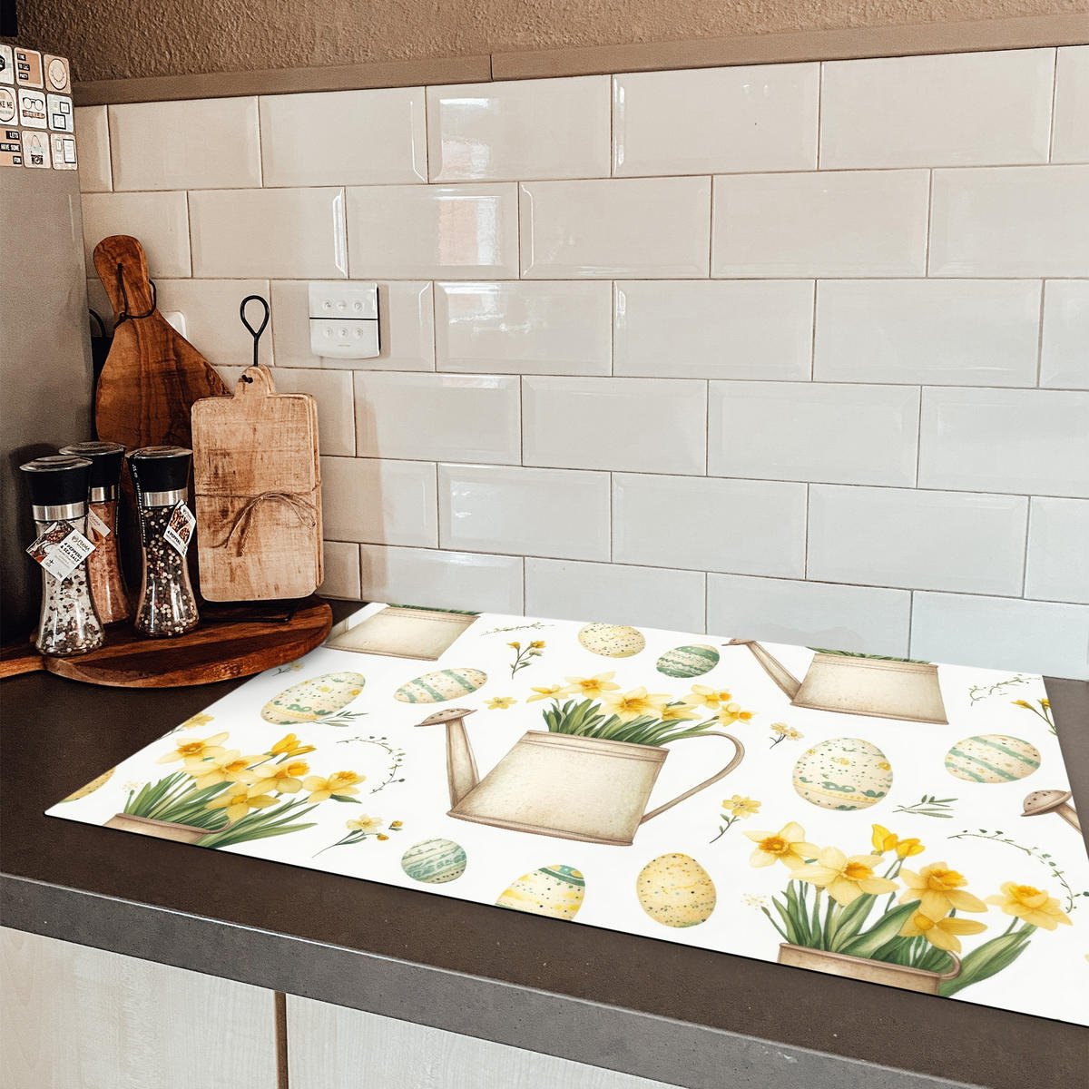 HERDABDECKPLATTE Gießkanne - Blumen - Eier Ceranfeldabdeckung 80x52 cm - Weiß, Kunststoff (80/52/0.2cm) - MuchoWow