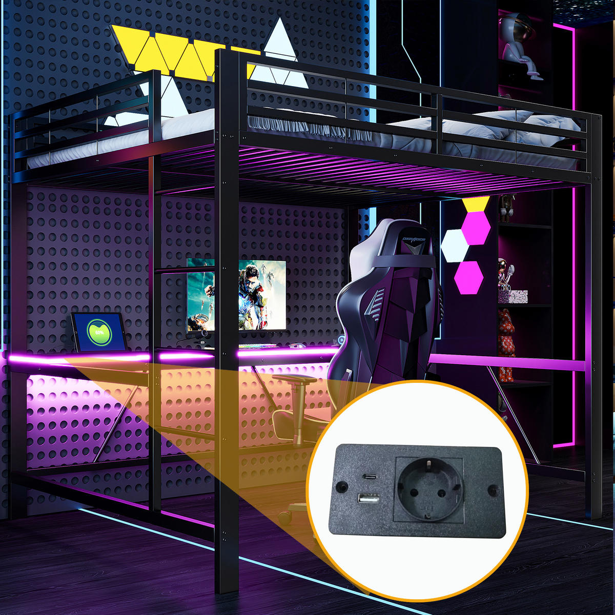 HOCHBETT 160/200 cm in Schwarz mit Schreibtisch, LED und USB Metall - Schwarz, Metall (160/200cm) - CHICFURN