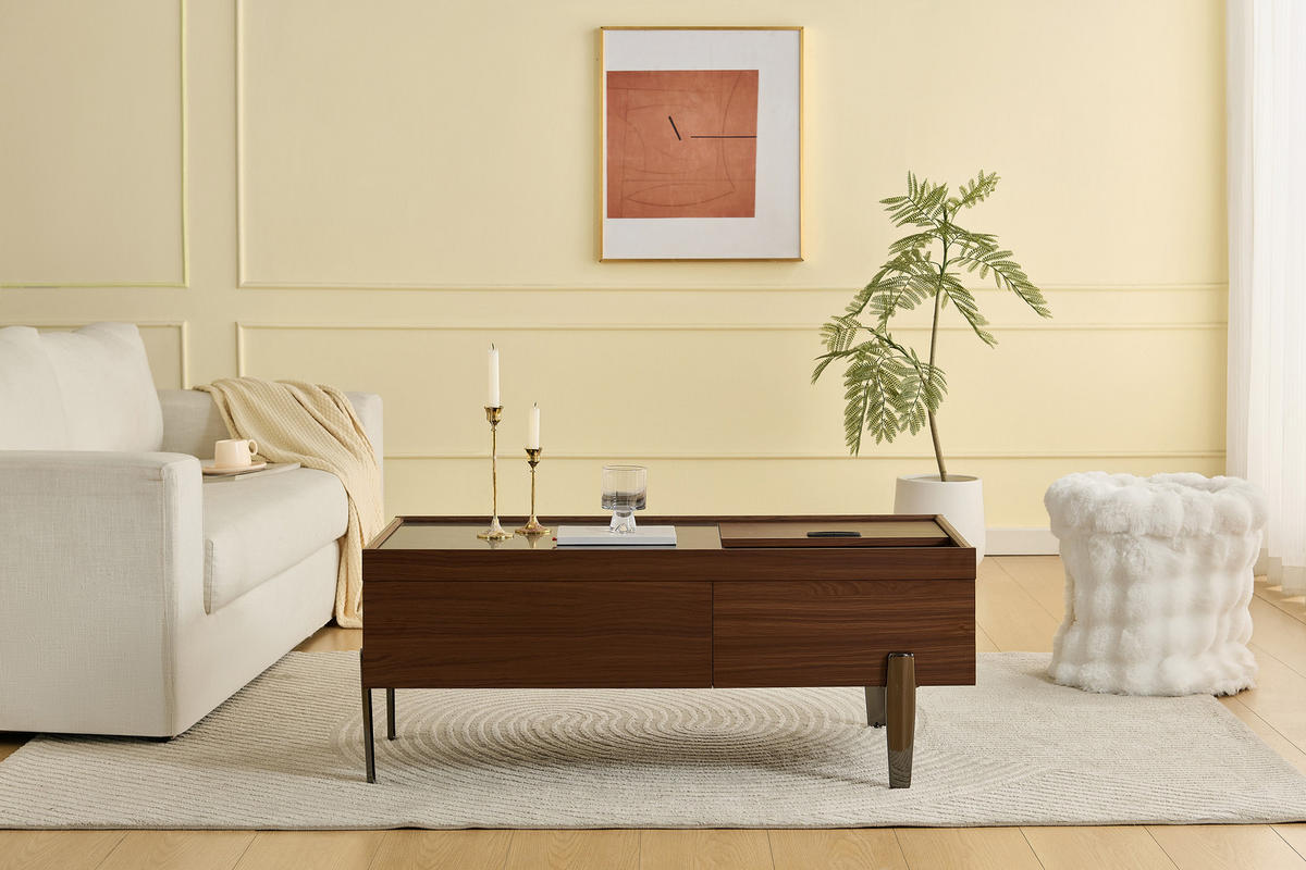 COUCHTISCH mit Schubladen & Glasplatte, MDF dunkelbraun, silbergraue Metallbeine, 105/50/41,5 cm, Dunkelbraun und dunkles Marmormuster - Dunkelbraun, Holzwerkstoff (105/50/41.5cm) - Redom