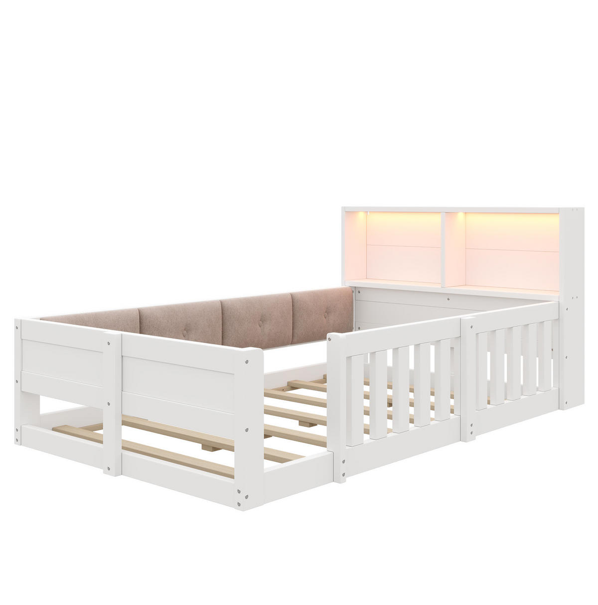 KINDERBETT Holzwerkstoff 90x200 cm Weiß/Natur mit Gitter, LED und Stauraum - Weiß, Holzwerkstoff (90/200cm) - Modfu