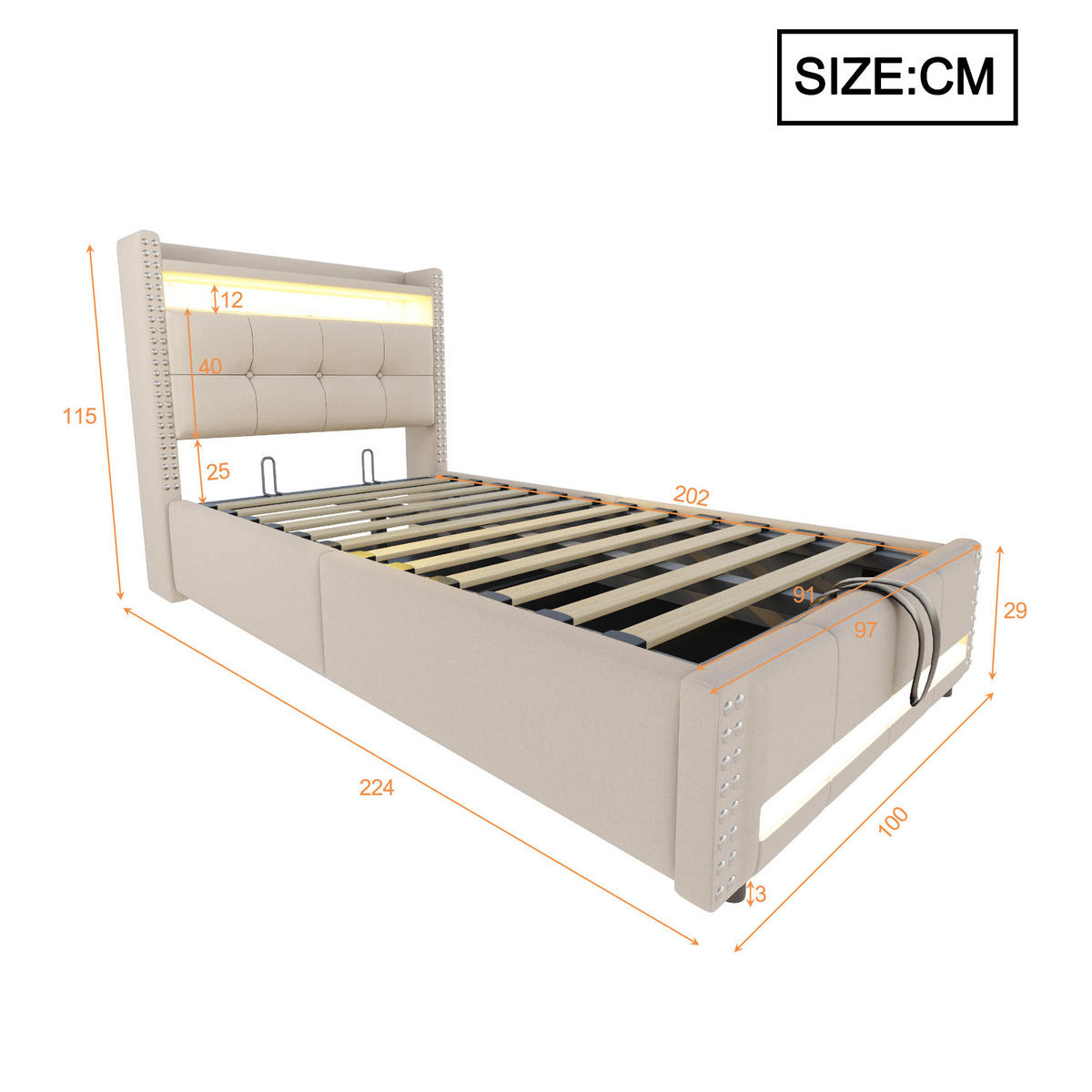ČALÚNENÁ posteľ 90/200 cm s LED osvetlením, USB portom a úložným priestorom, Béžová - béžová, textil (90/200cm) - Redom