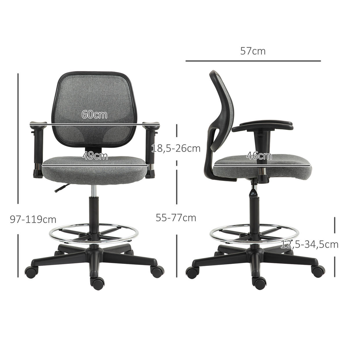 DREHSTUHL DE-11697 60/57/97-119 cm Grau - Grau, Textil (57/119/60cm) - ComfortXL