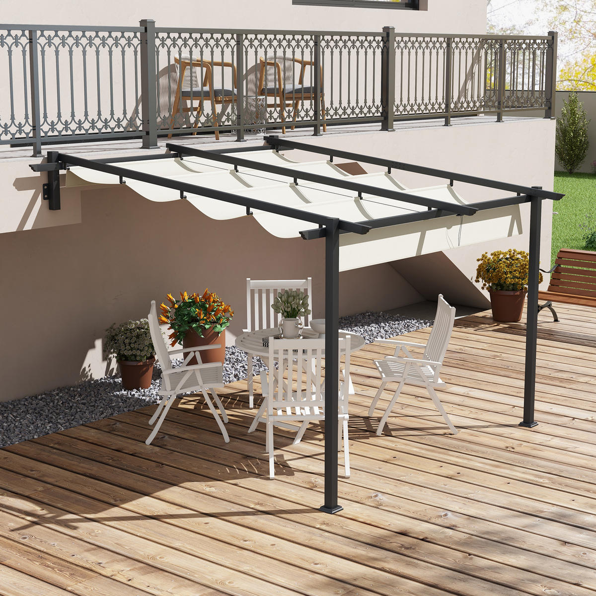 PAVILLON 297/297/200/230 cm cremeweiß aus Aluminium mit ausziehbarem Dach - Beige, Metall (297/230/297cm) - OKWISH