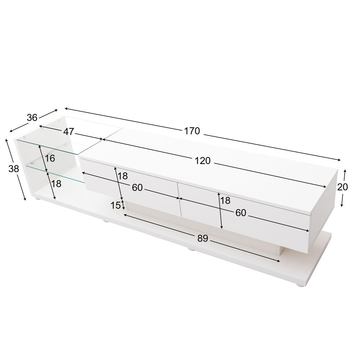 LOWBOARD 170/36/38 cm aus Spanplatte mit Hochglanzfront und variabler LED-Beleuchtung Weiß - Weiß, Holzwerkstoff (170/38/36cm) - Modenvie