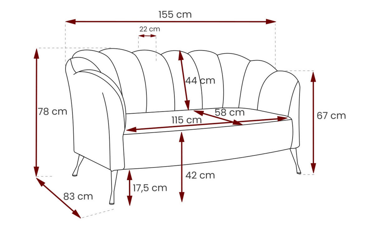 SOFA Adria 2-Sitzer 155x78x83 mit Metallfüßen - Dunkelgrün/Schwarz, Holz/Textil (155/78/83cm) - Ravio