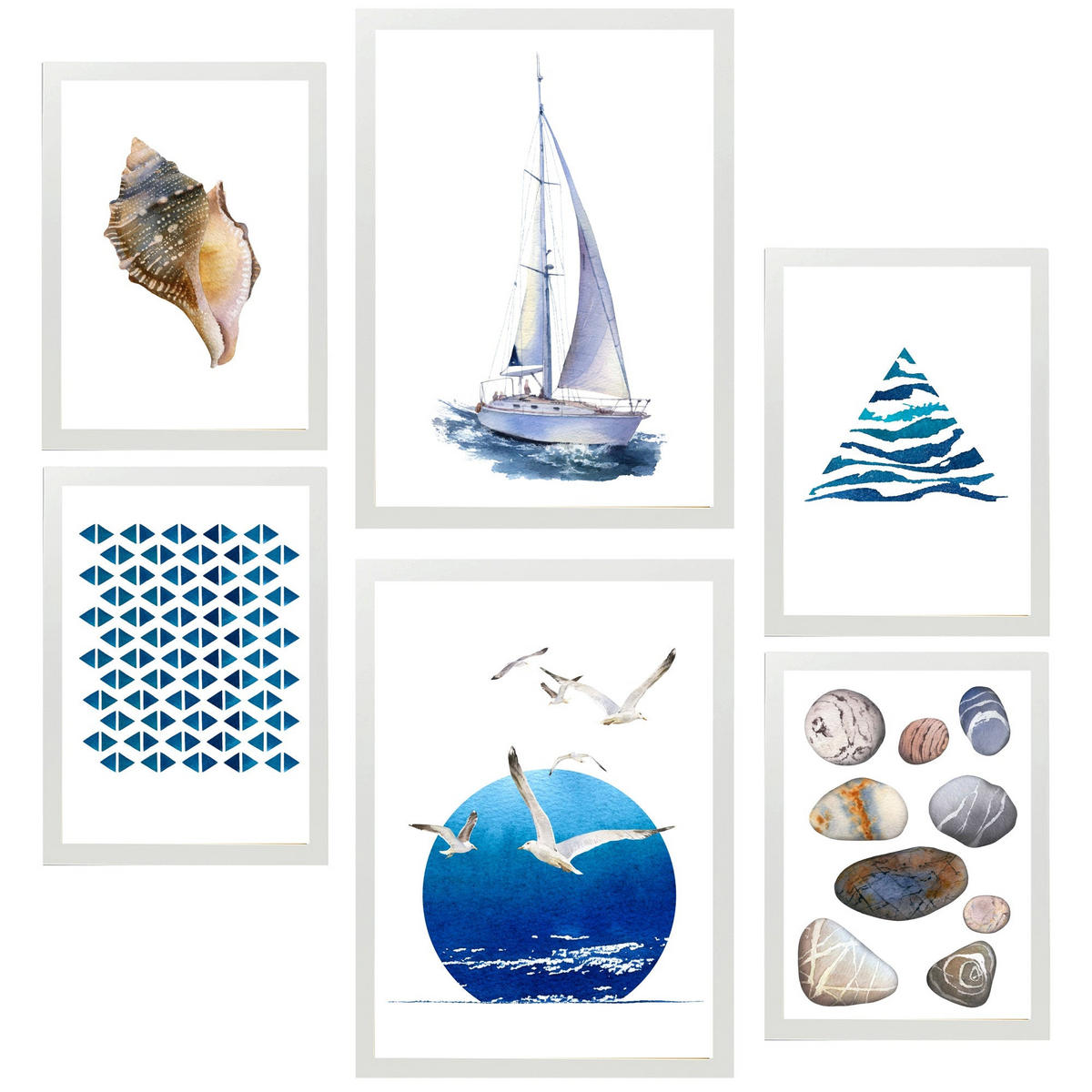 POSTER Set Mit 6 Komposition Meer Strand Sommer A3 & A4 Weißer Rahmen - Weiß, Papier (29/3cm) - Nacnic