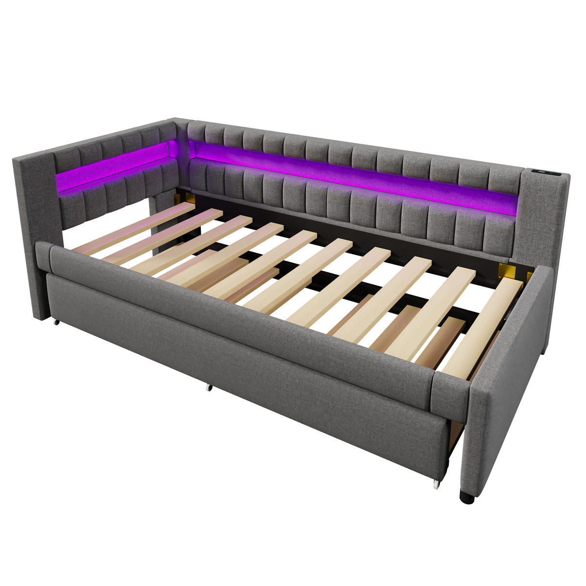 TAGEBETT 90x200cm Grau LED-Licht Ausziehbett USB Leinen - Grau, Holz (90/200cm) - FLIEKS