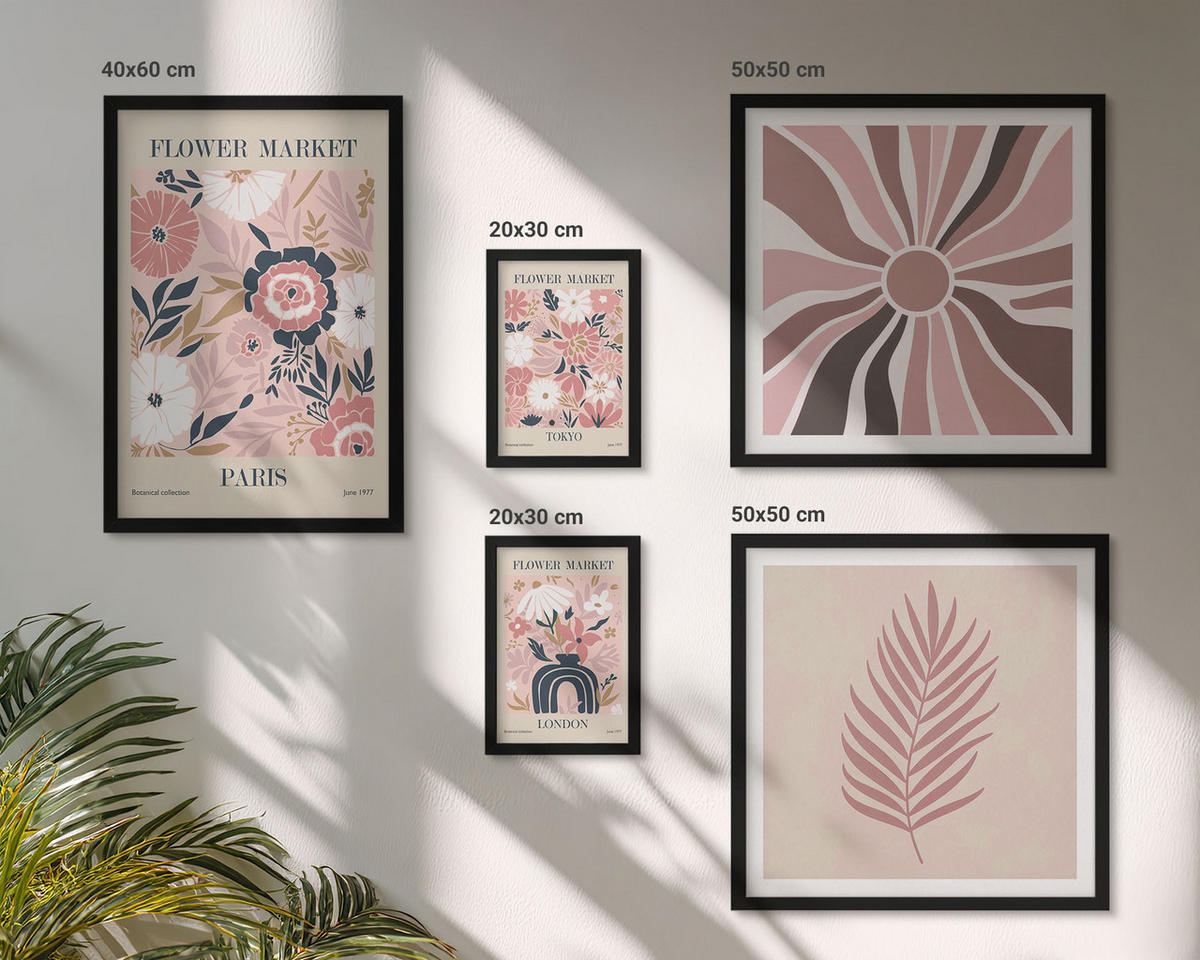 BILDER SET 5er Set - 50x50 cm & 20x30 cm & 40x60 cm Schwarzer Rahmen - Blumenmuster, Blätter, Geometrie - Schwarz, Kunststoff (40/60cm) - TULUP