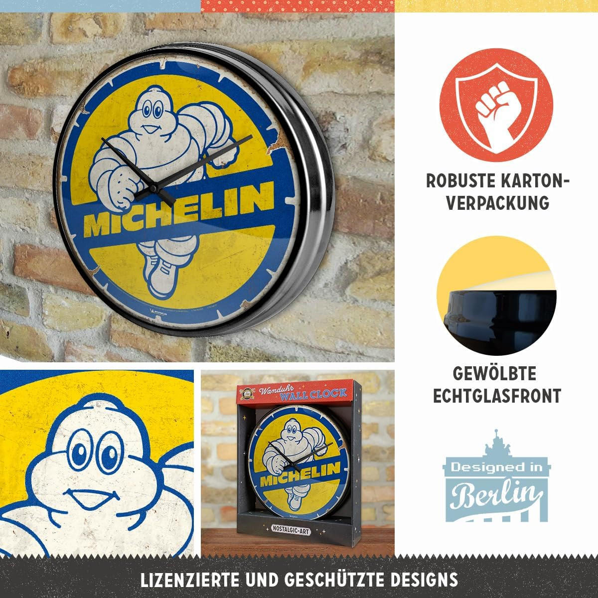 WANDUHR 31 cm Michelin Bibendum 80s - Blau/Gelb, Metall (31/31/5cm) - Nostalgic-Art