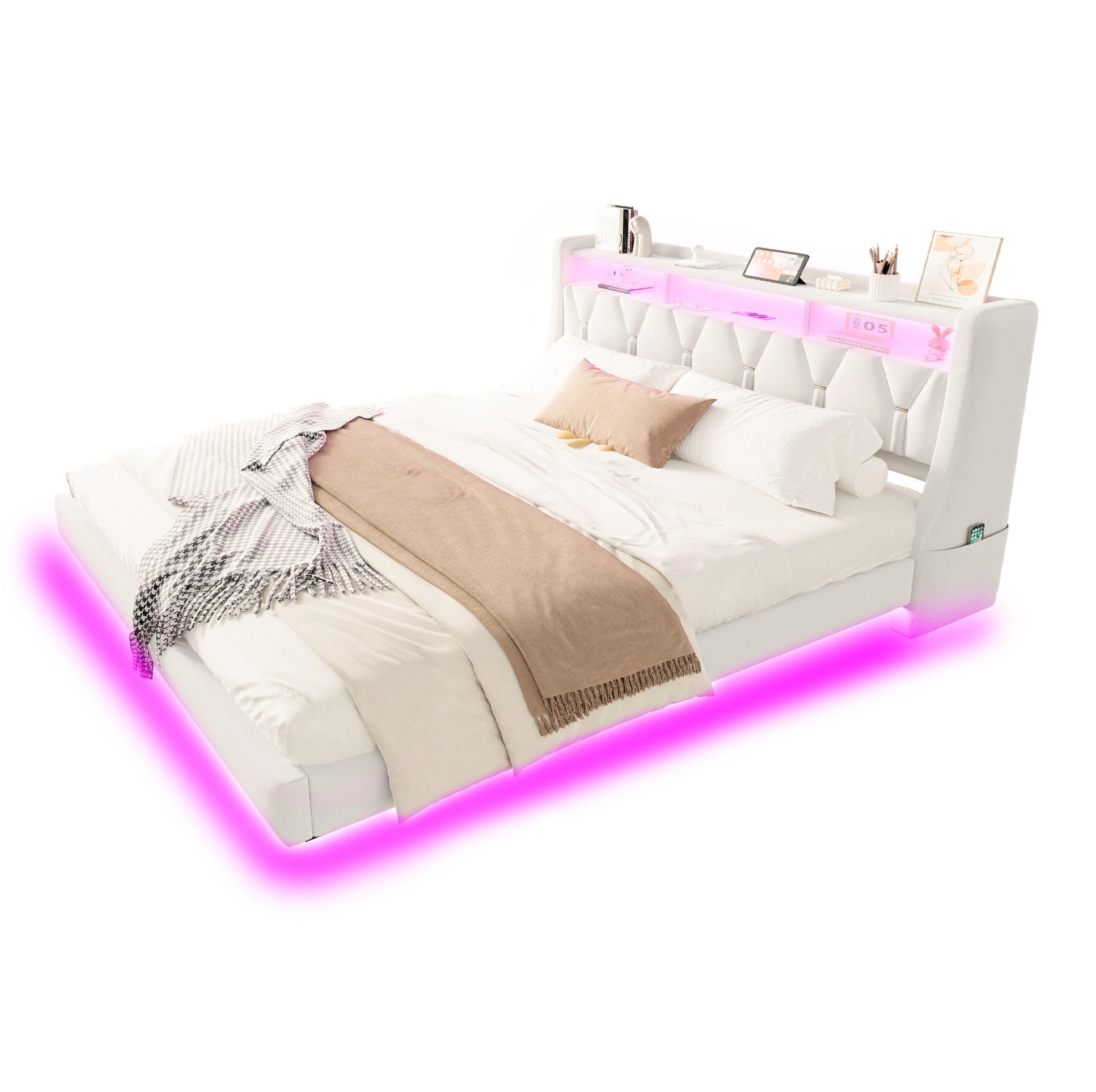 Redom ČALOUNĚNÁ postel 180/200 cm s LED osvětlením, USB, Type-C, zásuvkou a úložným čelem, béžová