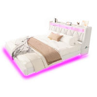 POLSTERBETT 180/200 cm mit klappbarem Kopfteil, LED, USB- und Typ-C-Anschluss, Stauraum, Samt, Beige - Beige, Textil (180/200cm) - Redom
