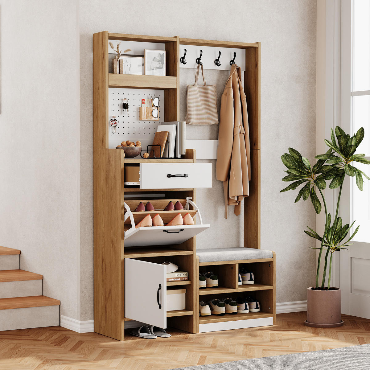 GARDEROBE Schuhschrank Sitzbank Haken Eiche Weiß Modern - Multicolor, Holzwerkstoff (108.5/180/35cm) - FLIEKS