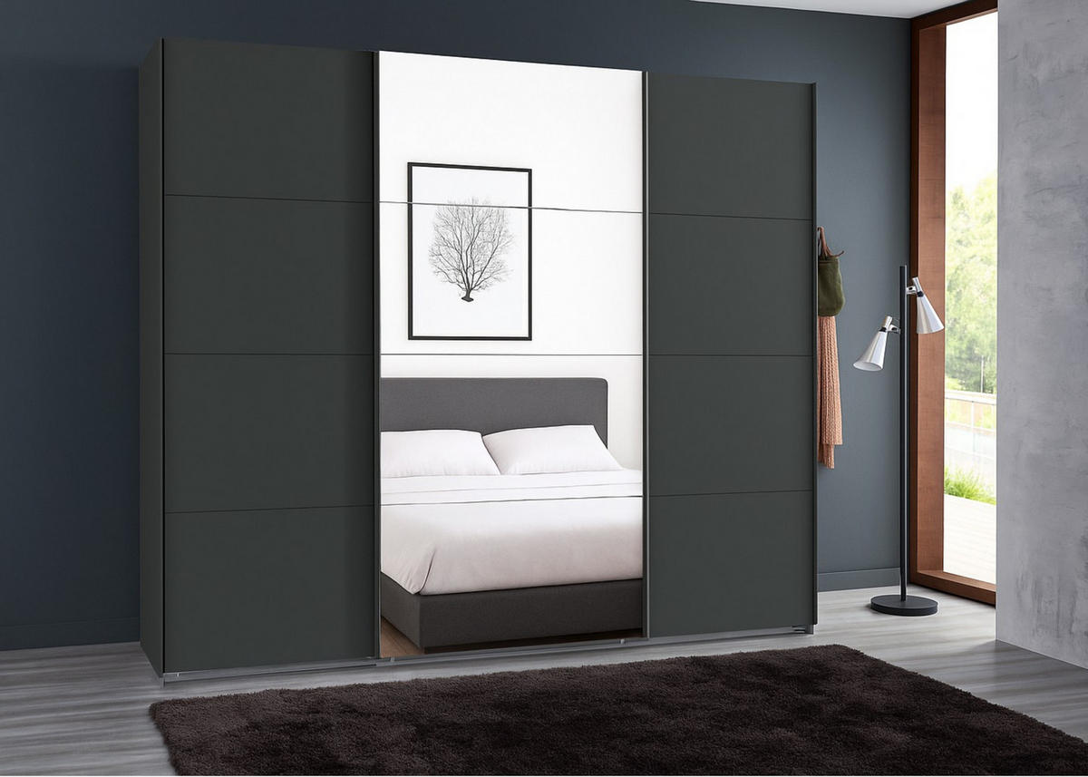 SCHWEBETÜRENSCHRANK 3-türig extrahoch in Grafit, eine Tür mit Spiegel, B225/H236/T64 cm / 22540 - Schwarz/Graphitfarben, Holzwerkstoff/Metall (225/236/64cm) - luma-home