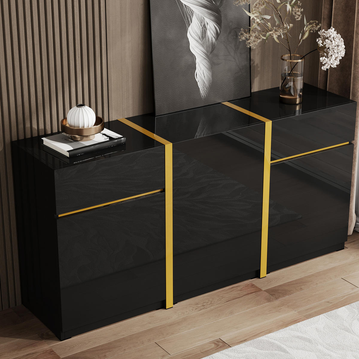 SIDEBOARD 160/40/78 cm schwarz aus MDF mit 3 Türen und 2 Schubladen - Schwarz, Holzwerkstoff (160/78/40cm) - OKWISH