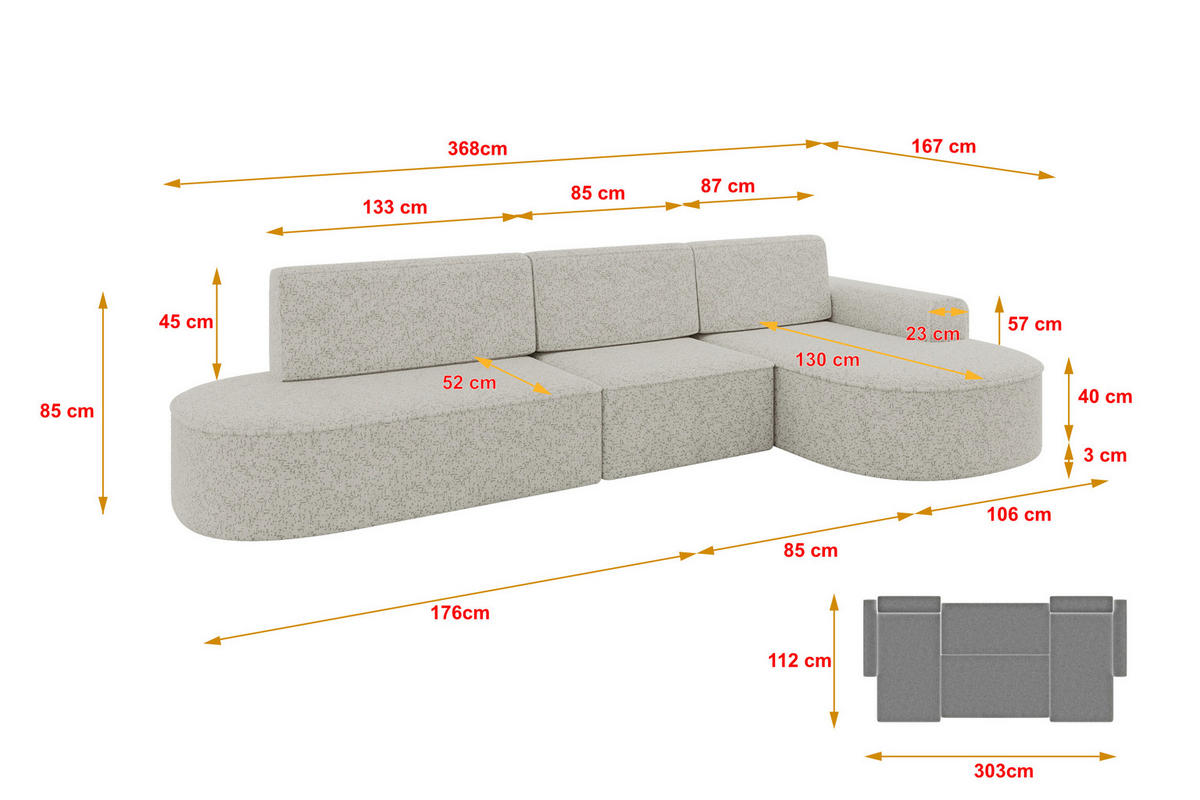 ECKSOFA mit Schlaffunktion Ottomane RECHTS MARI L2-S 368X167X85 Hellgrau Velours - Edelstahlfarben/Schwarz, Holzwerkstoff/Kunststoff (167/368cm) - ALTDECOR