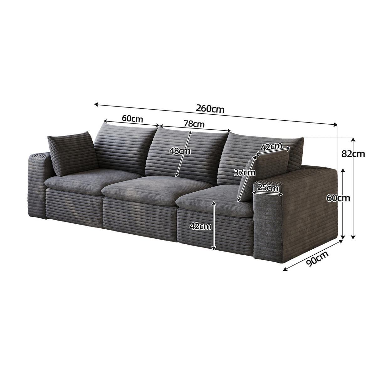 3-SITZER-SOFA aus Stoff Dunkelgrau mit Schaumstoffkern, flexibel kombinierbar und besonders weich - Dunkelgrau, Textil (260/60/90cm) - Modfu