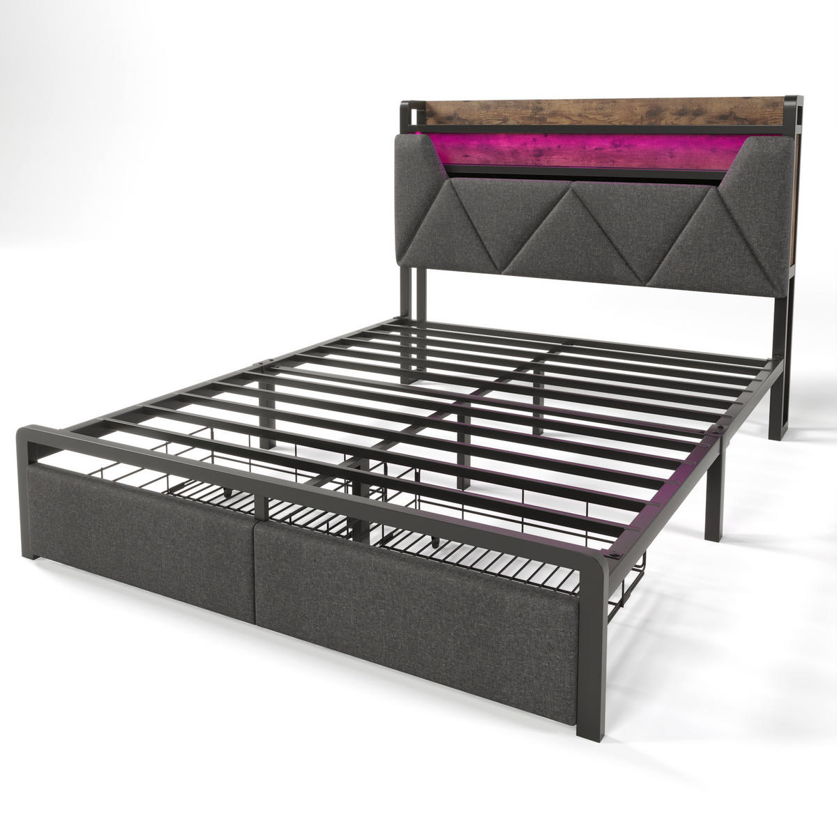 BETT aus Leinen 140x200 cm Grau mit LED, USB-C, Stauraum-Kopfteil und 2 Schubladen - Grau, Textil (140/200cm) - Modfu