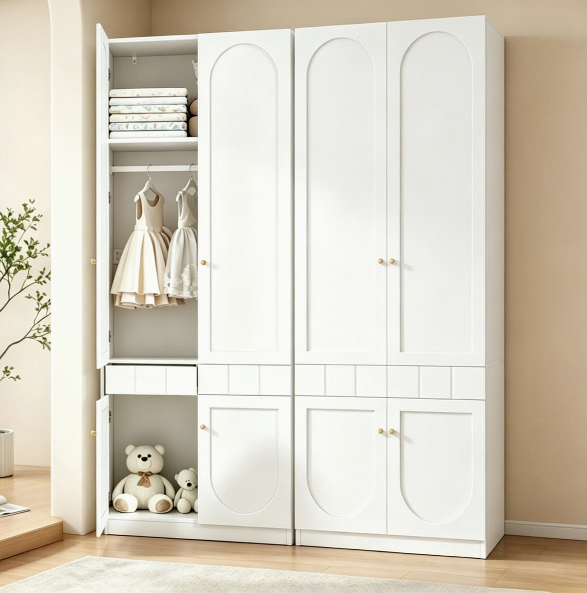 KLEIDERSCHRANK-SET aus MDF 160x50x200 cm Weiß mit Doppeltüren, Schubladen und Kleiderstange - Weiß, Holzwerkstoff (160/200/50cm) - Modfu