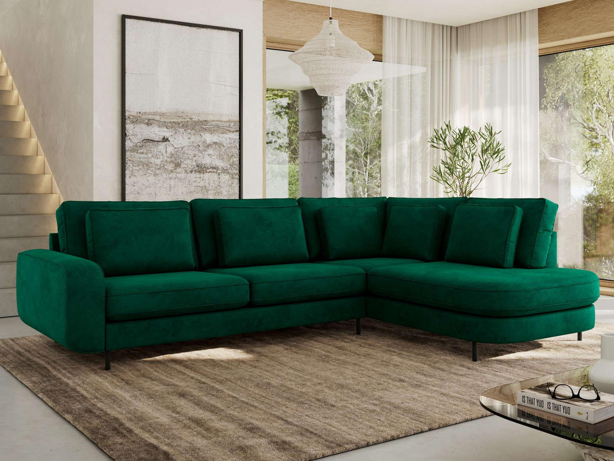 ROHOVÁ SEDAČKA CALENO L - Zelený Samet - Levá Strana - černá/tmavě zelená, kov/textil (317/225cm) - MKS