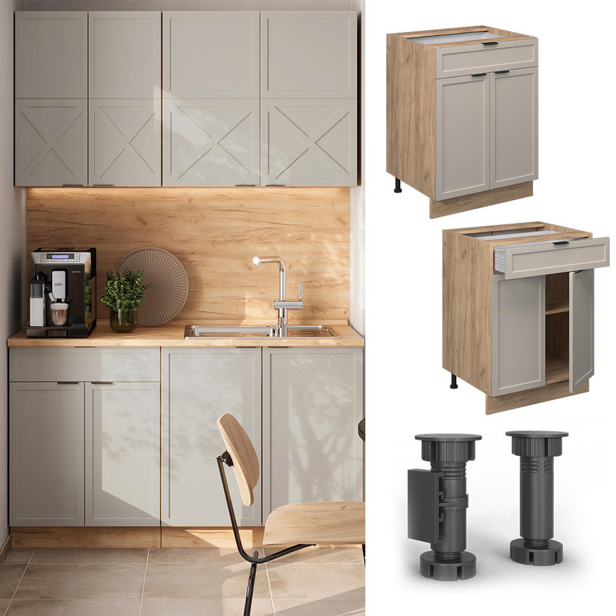 KÜCHENUNTERSCHRANK Fame-Line GrauBeige 60 cm mit Schublade, AP Marmor - Honigeiche/Eiche Wotan, Holzwerkstoff (60/82/60cm) - Vicco