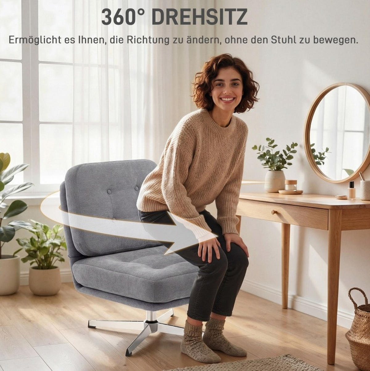SESSEL 87/70/84 cm hellgrau aus Chenille und Metall mit 360°-Drehung - Hellgrau, Metall (70/84/87cm) - OKWISH