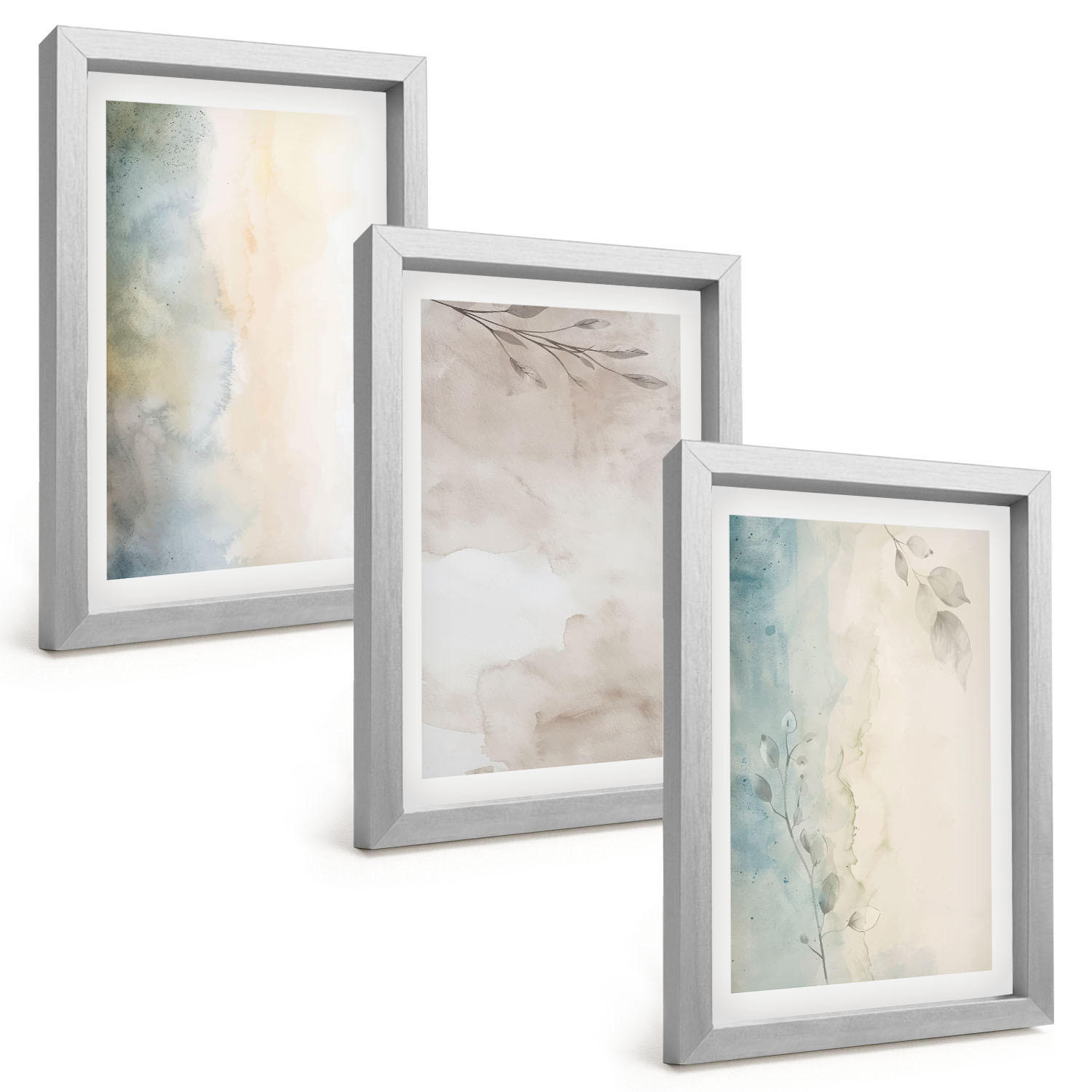 BILDER SET 3er Set - 20x30 cm Silberner Rahmen - Zarte Aquarellkartons - Silberfarben, Kunststoff (20/30cm) - TULUP