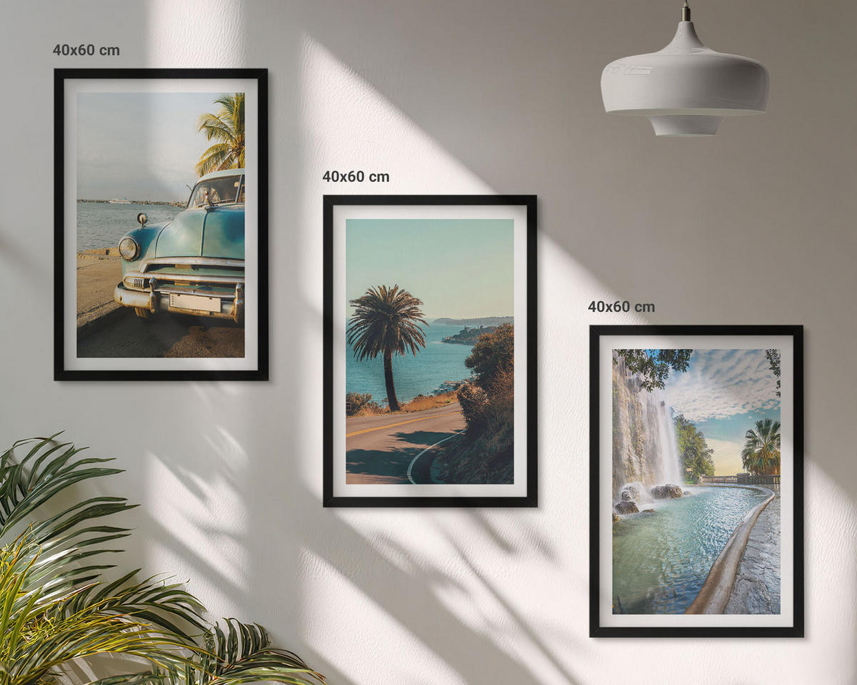 WANDBILDER 3er-Set - 40x60 cm Schwarzer Rahmen - Urlaub Palmen Wasserfall - Schwarz, Kunststoff (40/60cm) - ArtPrintCave