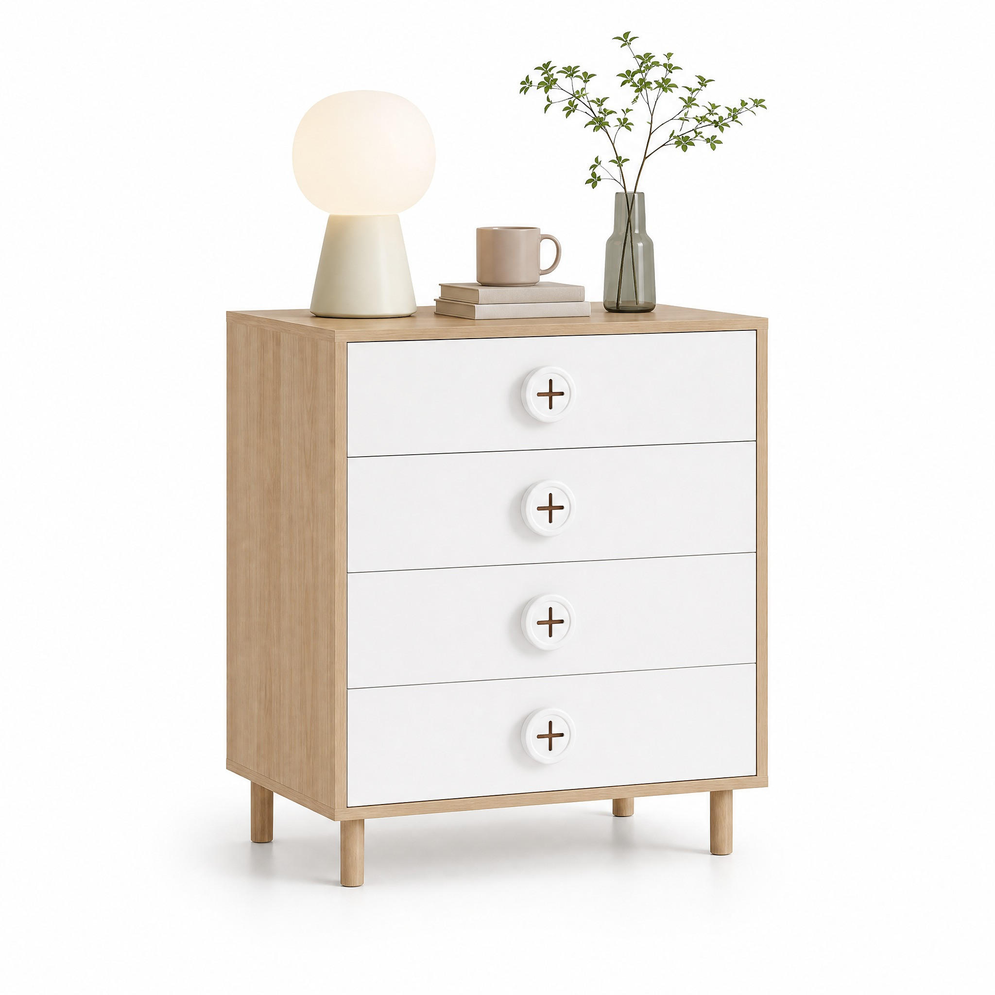 KINDER-NACHTTISCH in Weiß Schlafzimmerkommode mit Schubladen und Stützen für Schlafzimmer, B80/T54/H90cm - Naturfarben/Weiß, Holzwerkstoff (80/90/54cm) - STILVORA