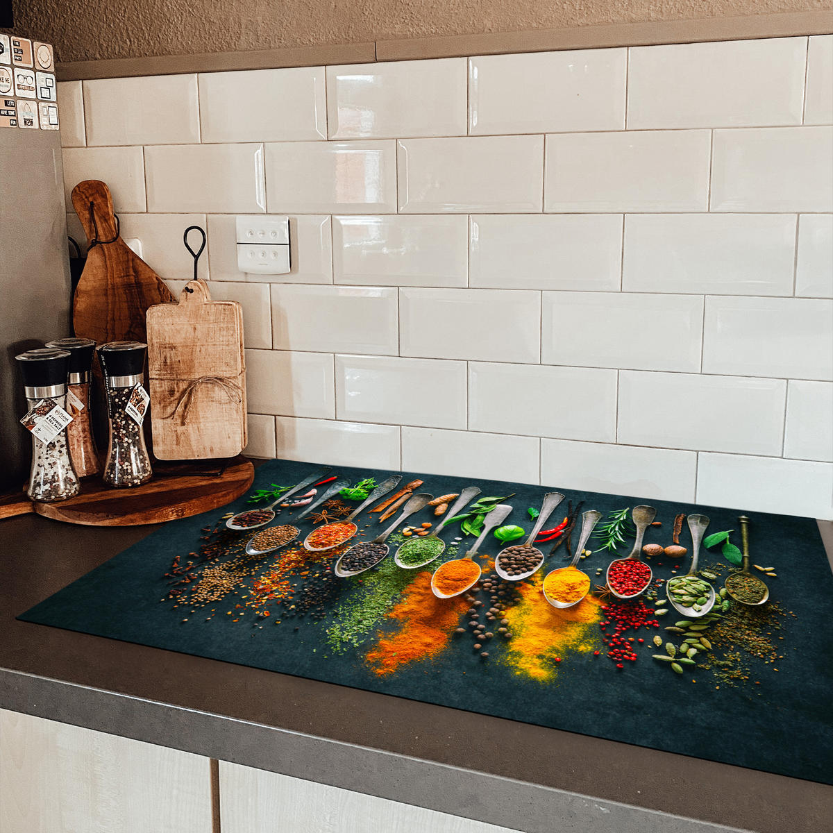 HERDABDECKPLATTE Kräuter - Gewürze - Löffel Ceranfeldabdeckung 85x52 cm - Multicolor, Kunststoff (85/52/0.2cm) - MuchoWow