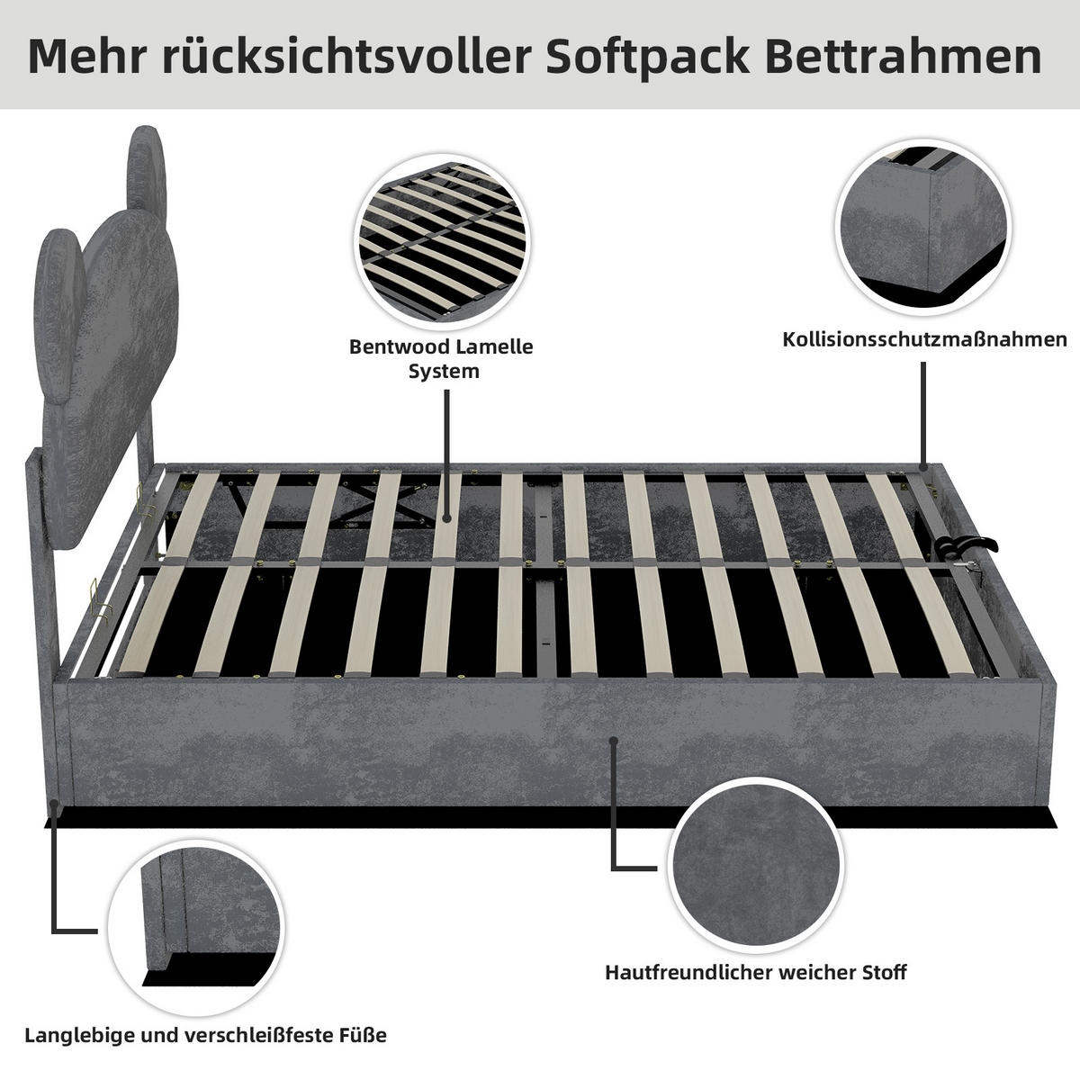 POLSTERBETT 140/200 cm in Grau Stoff mit Bettkasten - Grau, Holzwerkstoff/Textil (140/200cm) - WISHDOR