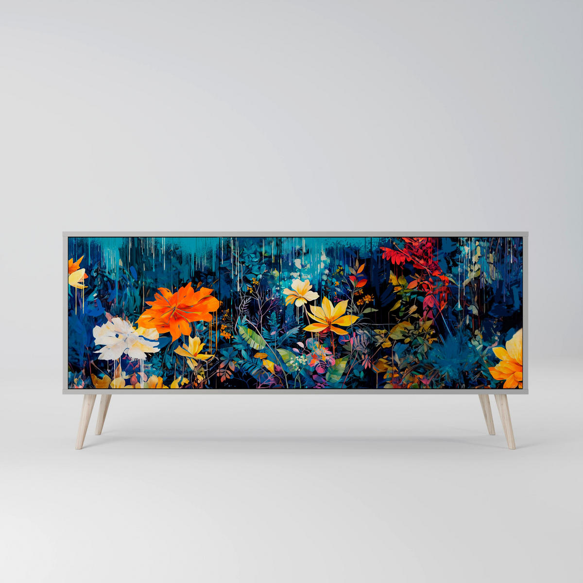 SIDEBOARD MIDNIGHT BLOSSOM, Eicheneffekt, 164,5x42x77,5 cm, 3 Türen - Eichefarben/Buchefarben, Holzwerkstoff/Buchenholz (164.5/77.5/42cm) - SpaceRebels