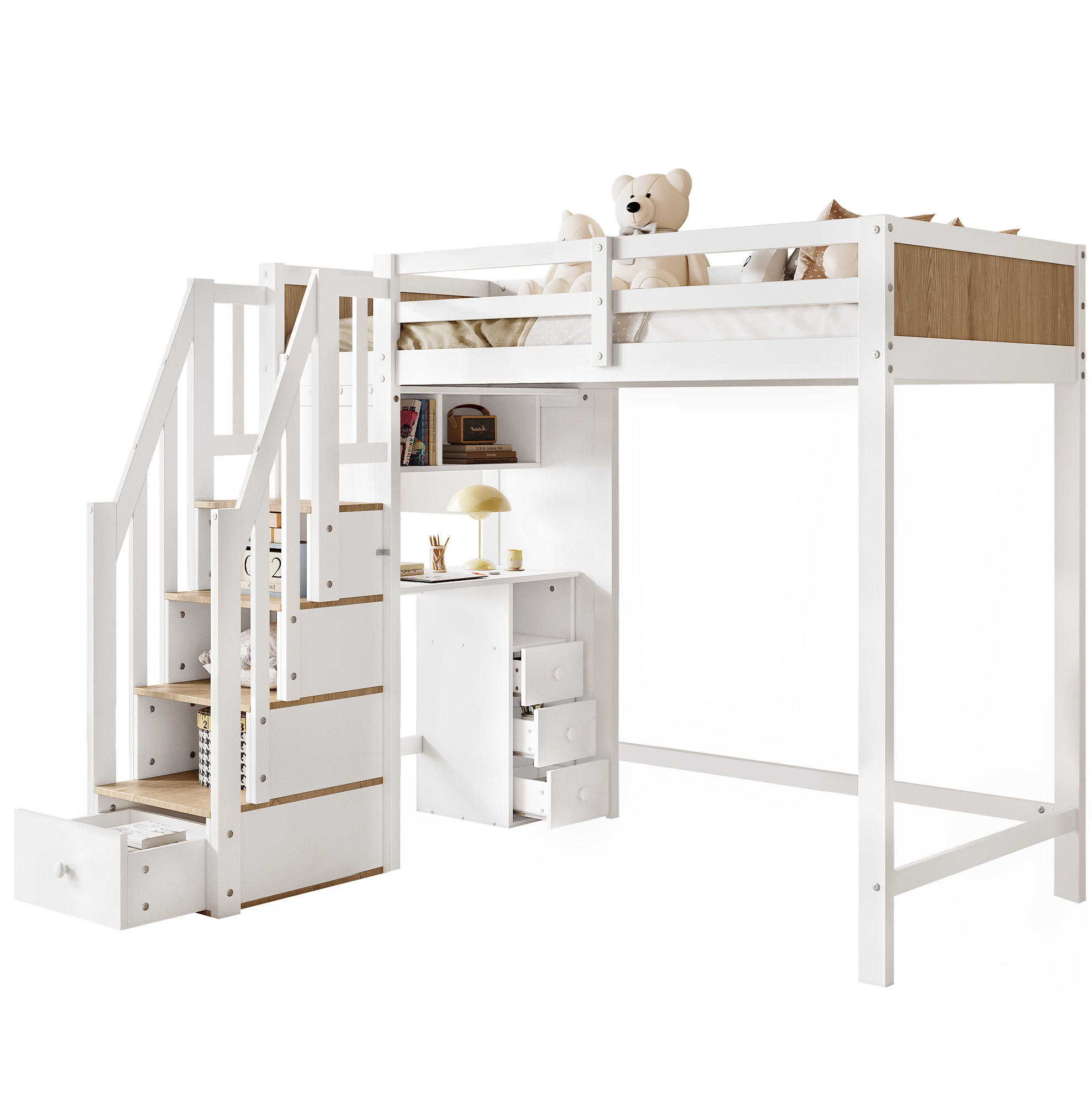 HOCHBETT 90/200 cm aus Kiefer und MDF mit Schreibtisch und Stauraumtreppe Weiß/Natur - Weiß, Holz (90/200cm) - Modenvie
