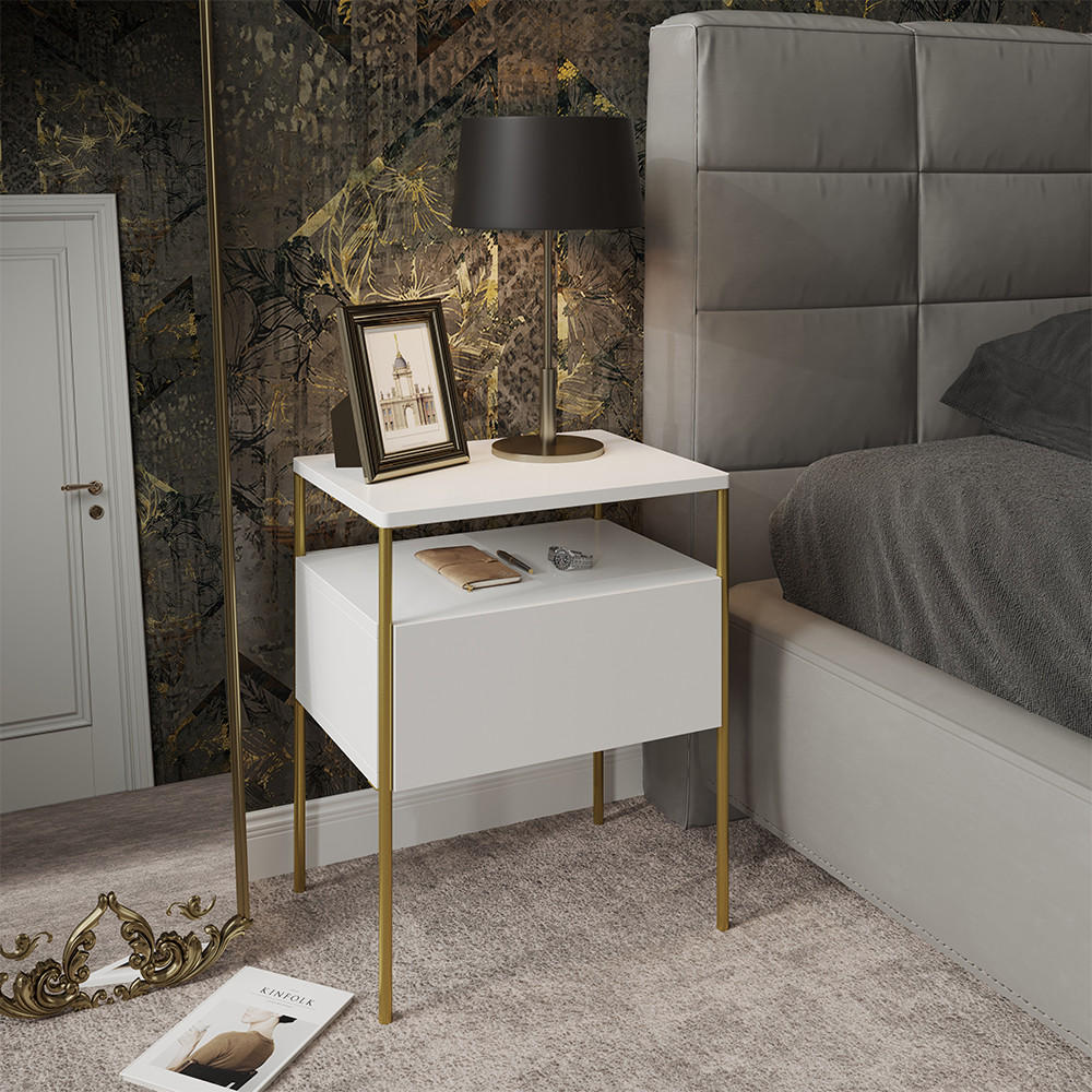 NACHTTISCH Mira Weiß/Gold 40 x 50 cm - Goldfarben/Weiß, Holzwerkstoff (40/50/30cm) - Vicco