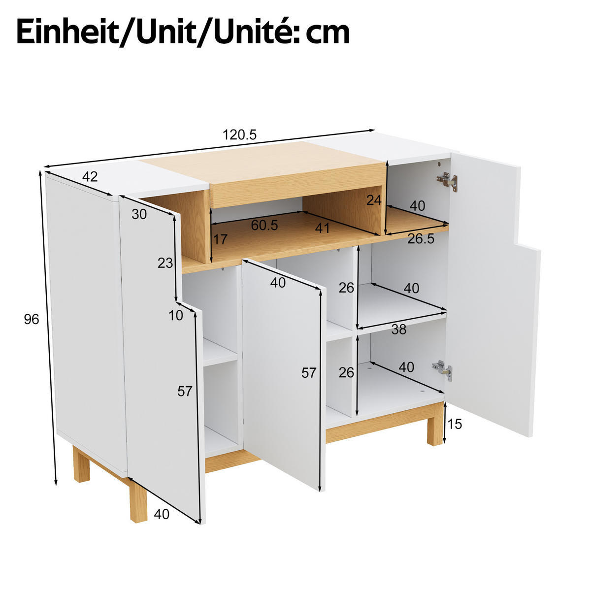 SIDEBOARD 120.5/42/96 cm Weiß aus Spanplatte mit 3 Türen - Weiß, Holzwerkstoff (42/96/120.5cm) - OKMYHOME