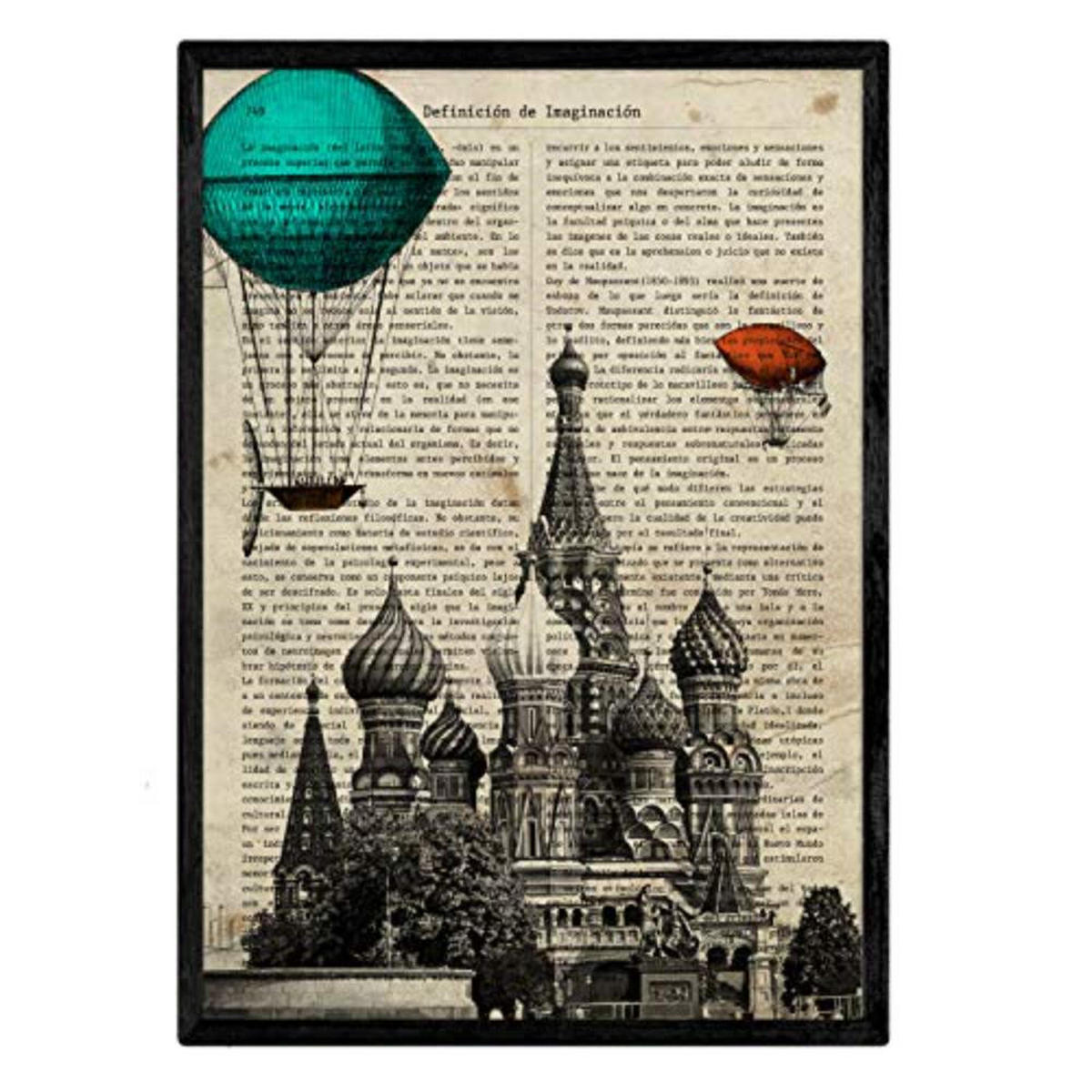 POSTER Set mit 4 Enzyklopädie Jahrgang London, Barcelona, Moskothek, Paris A4 Schwarzer Rahmen - Schwarz, Papier (29.7/3cm) - Nacnic