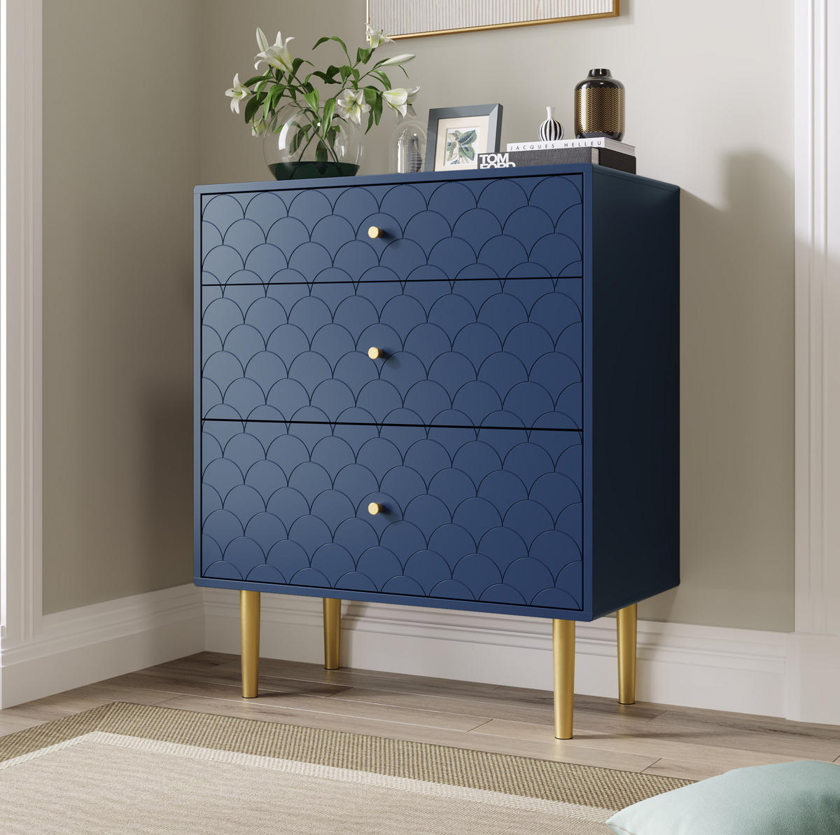 KOMODA s 3 predali v mornarsko modri barvi, 75/89 cm - temno modra, les (40/89/75cm) - OKMYHOME