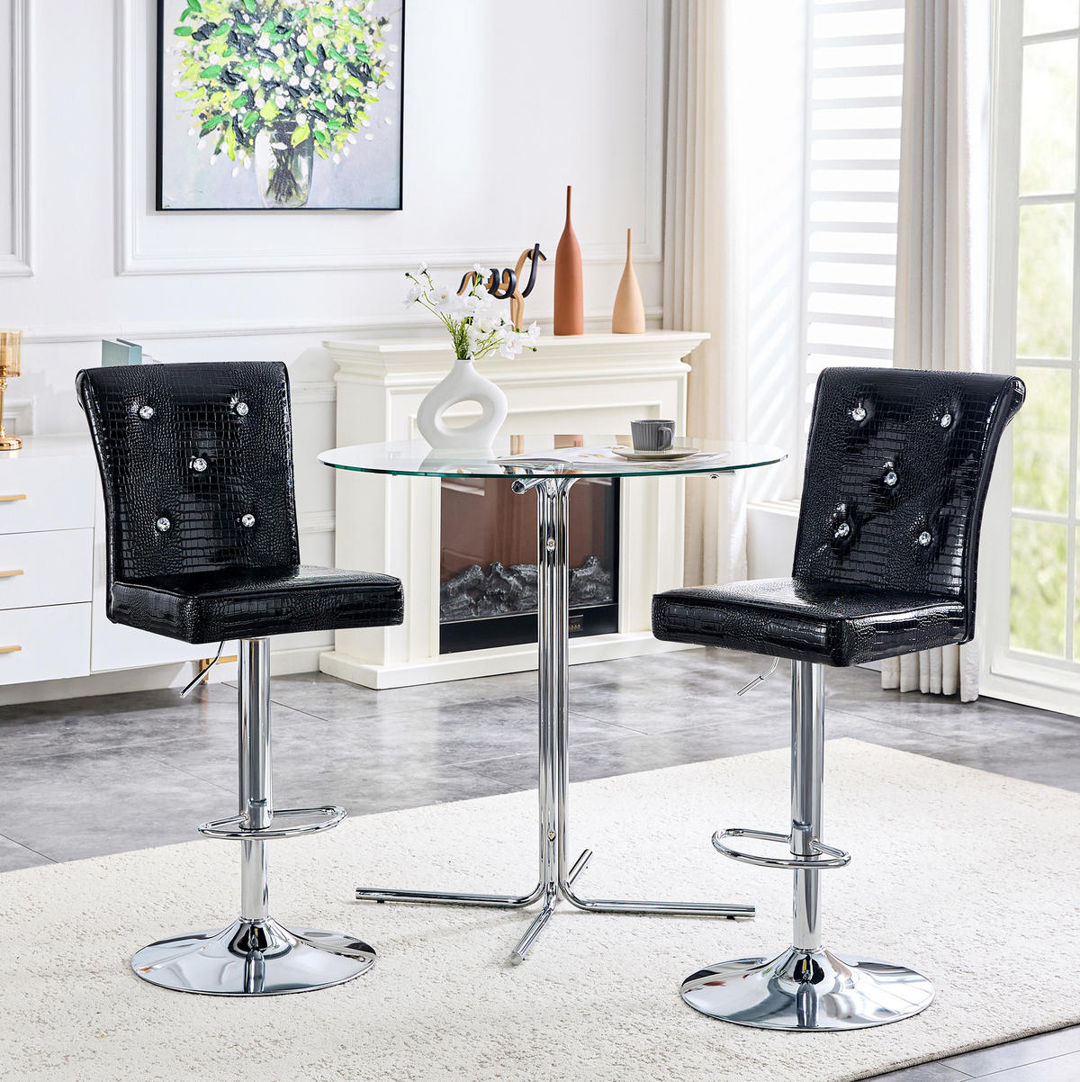 STUHL 2er-Set mit Kristallknopf Schwarz PVC - Schwarz, Metall (42/125/55cm) - Meubliv