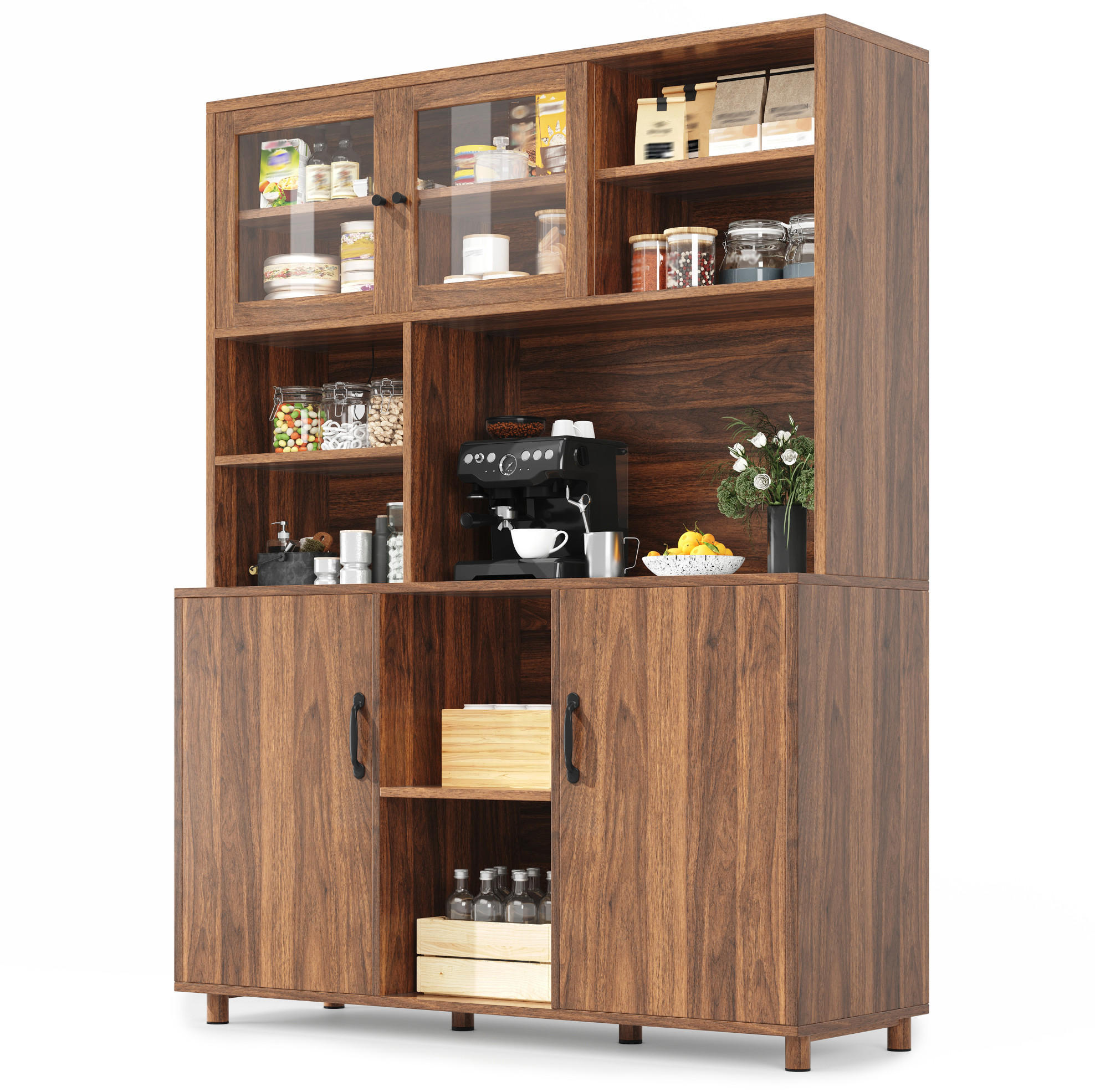 BUFFET aus MDF und Glas 140x40x185 cm Walnussbraun mit LED-Beleuchtung, USB-Anschluss und Schiebetüren - Braun, Glas (140/185/40cm) - Modfu
