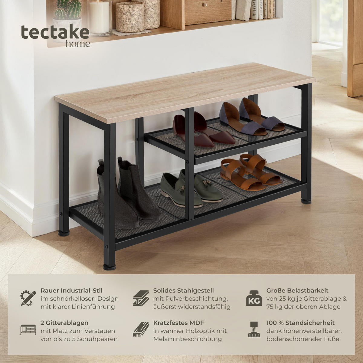 SCHUHREGAL Taunton,80 x 30 x 45,5 cm,Industrial Holz hell, Eiche Sonoma - Naturfarben, Holz (30/45.5/80cm) - tectake