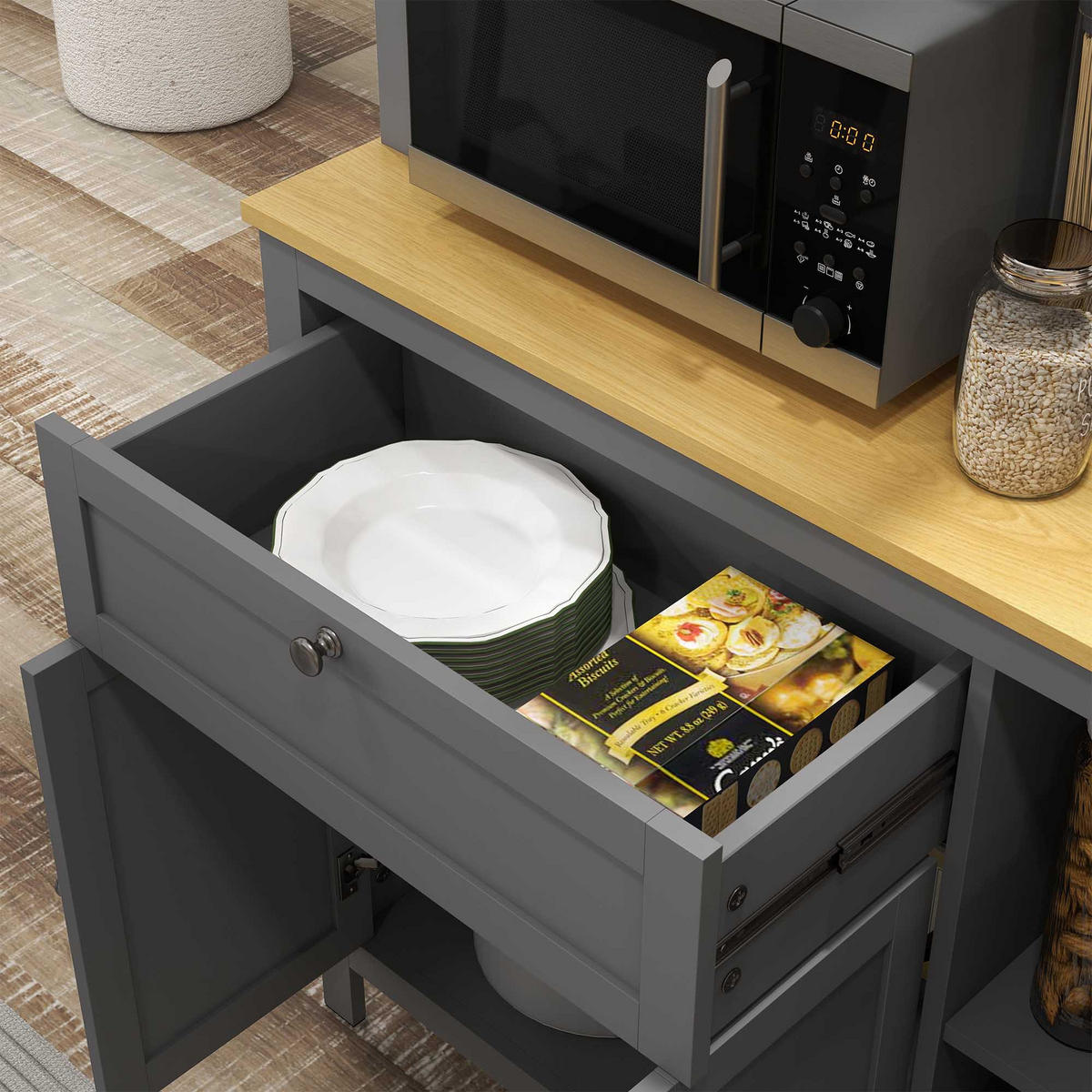 BUFFET DE-11110 2 Glastüren & Schublade mit Kabeldurchlass Grau - Grau, Holzwerkstoff (40/180/100cm) - ComfortXL