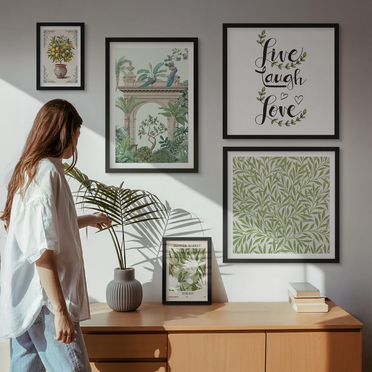 WANDBILDER 5er-Set - 50x50 cm & 20x30 cm & 40x60 cm Schwarzer Rahmen - Grüne Blätter exotischer Pflanzen - Schwarz, Kunststoff (40/60cm) - ArtPrintCave