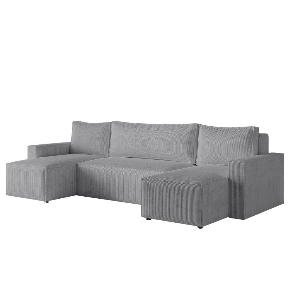ECKSOFA LIVIO U mit Schlaffunktion und Bettkasten – Moderne Wohnlandschaft in U-Form (POSO 55) - Grau, Holz (300/90/142cm) - Dekori_Interiors
